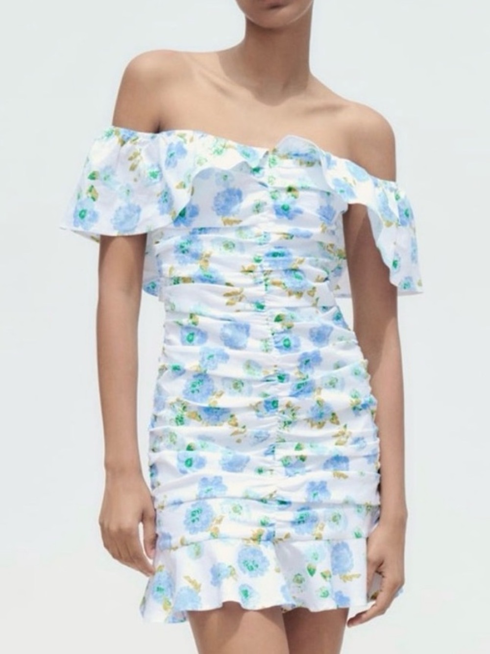 Zara Blue Floral Ruched Ruffle Mini Dress Size S Cottagecore Romantic